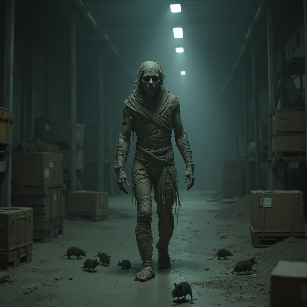 Hyperrealistic Mummy in Abandoned Warehouse