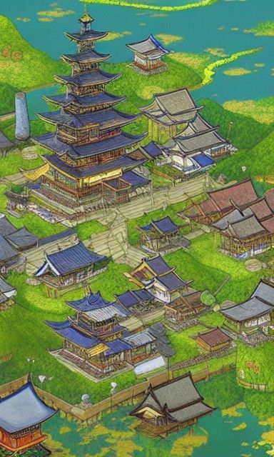 Fantasy Japanese Village RPG Map in Ghibli Style
