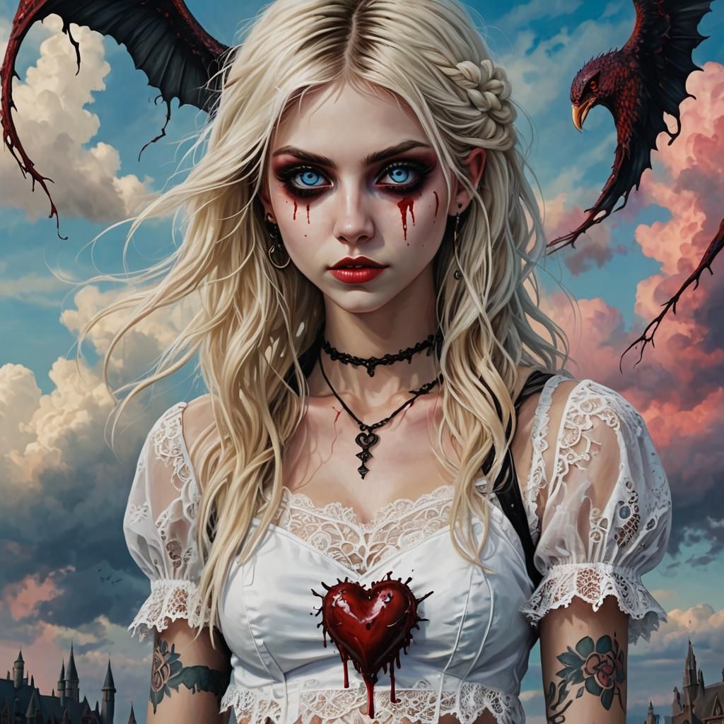 Goth Girl with Bloody Heart, Hyper-Realistic Close-Up