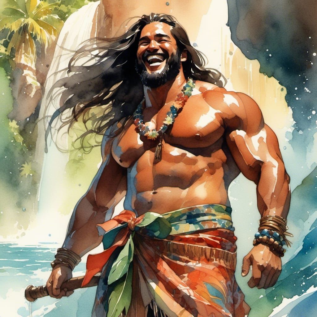 Laughing Hawaiian Man Portrait as Watercolor Illustration