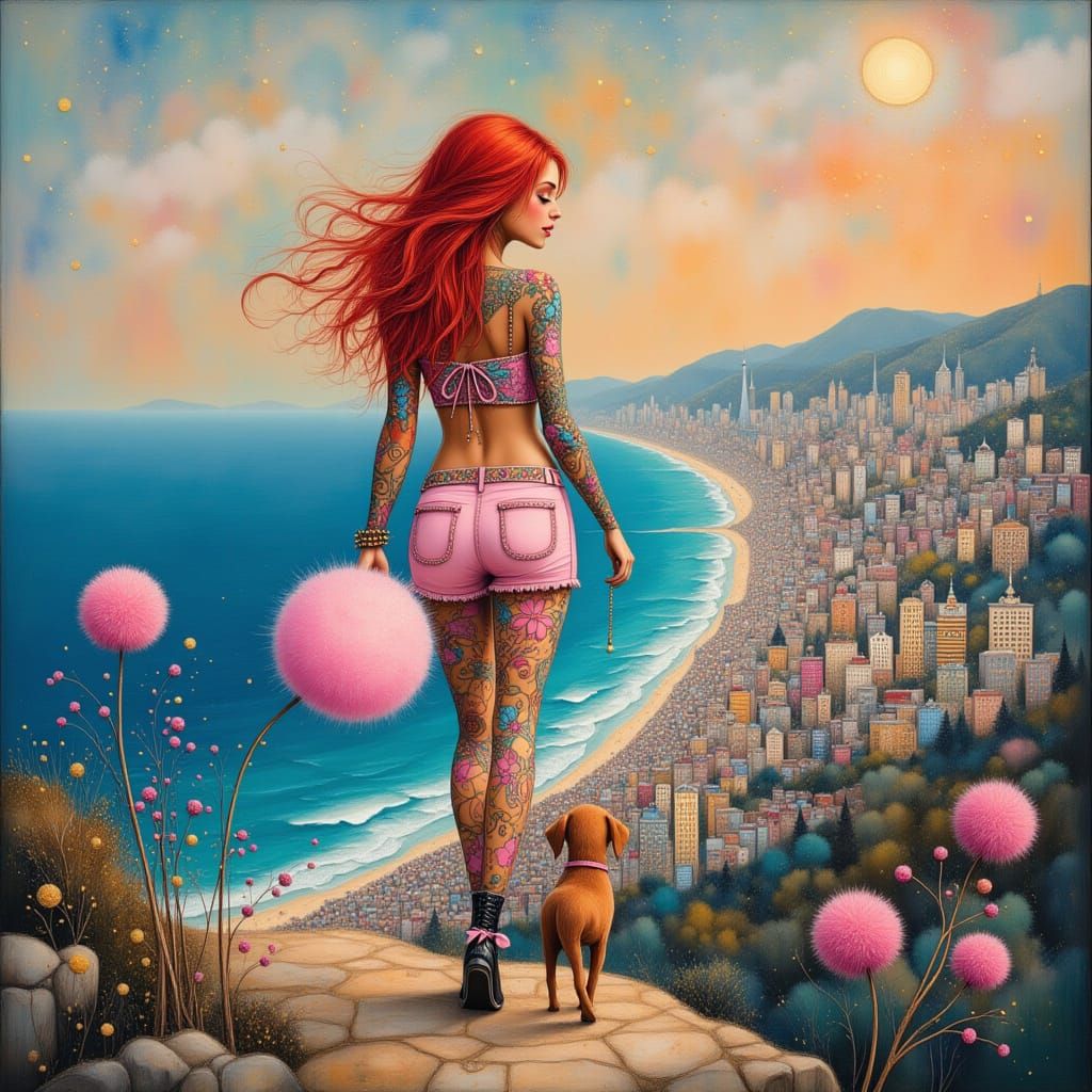 Trendy Woman Overlooking City at Sunset