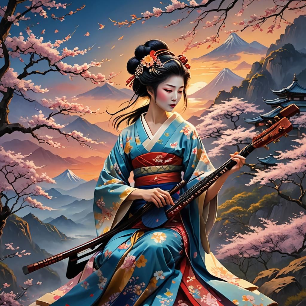 Geisha Plays Shamisen at Sunset: Fantasy Art
