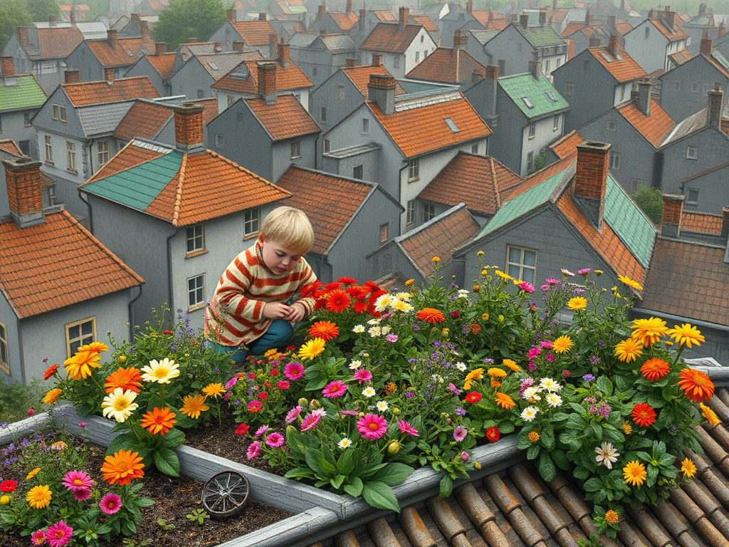 Children's Rooftop Garden, Intricate Digital Art