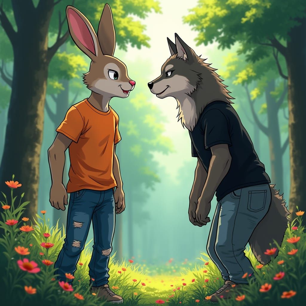 Anime-Style Rabbit and Wolf Argument in Forest