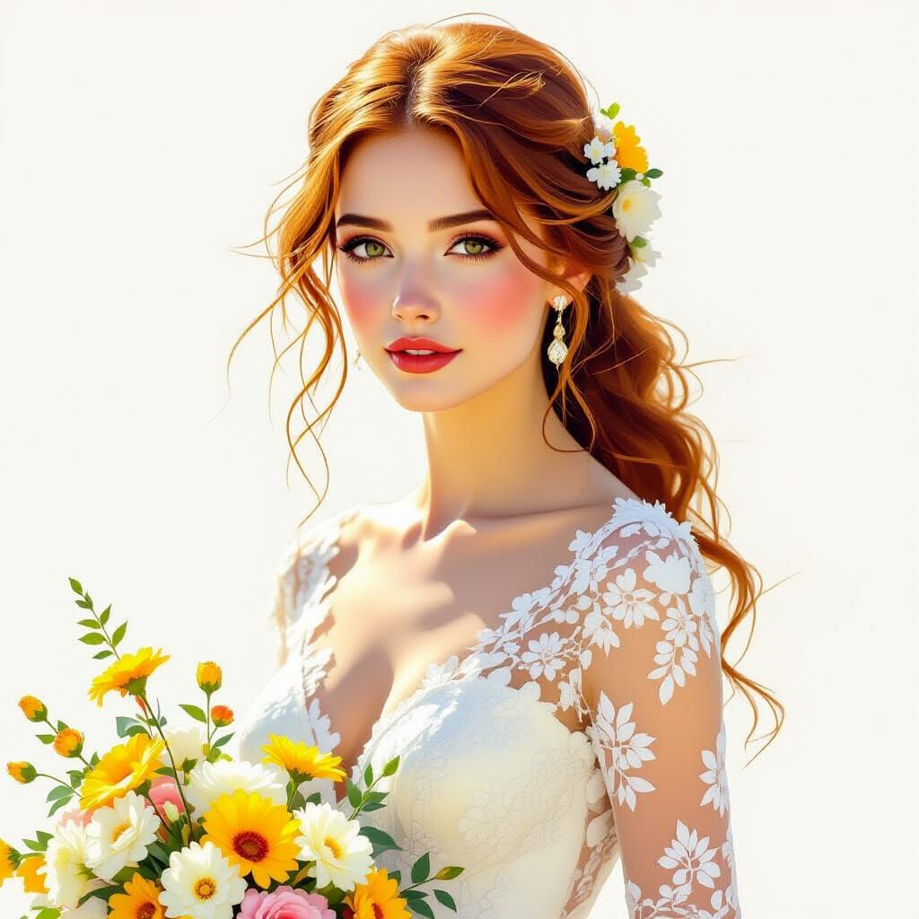 Romantic Oil Painting of Bride in Floral Wedding Dress