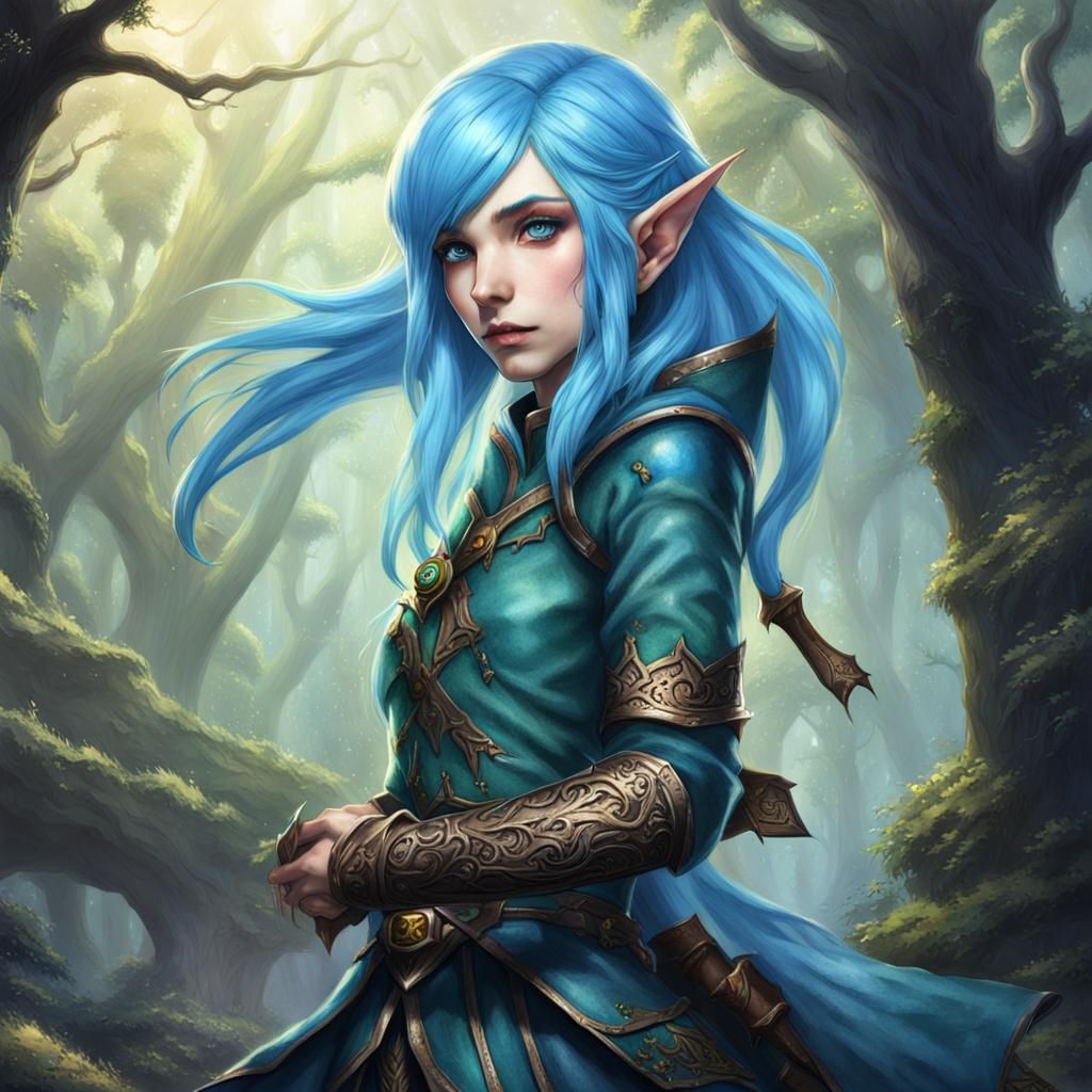 Blue-Haired Female Elf Fantasy Character