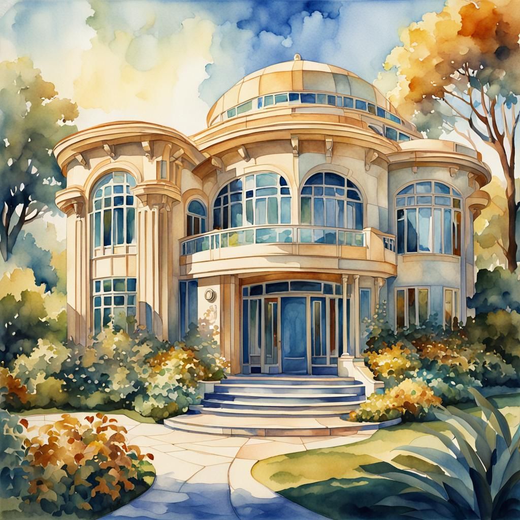 Art Deco House in Lush Garden Watercolor