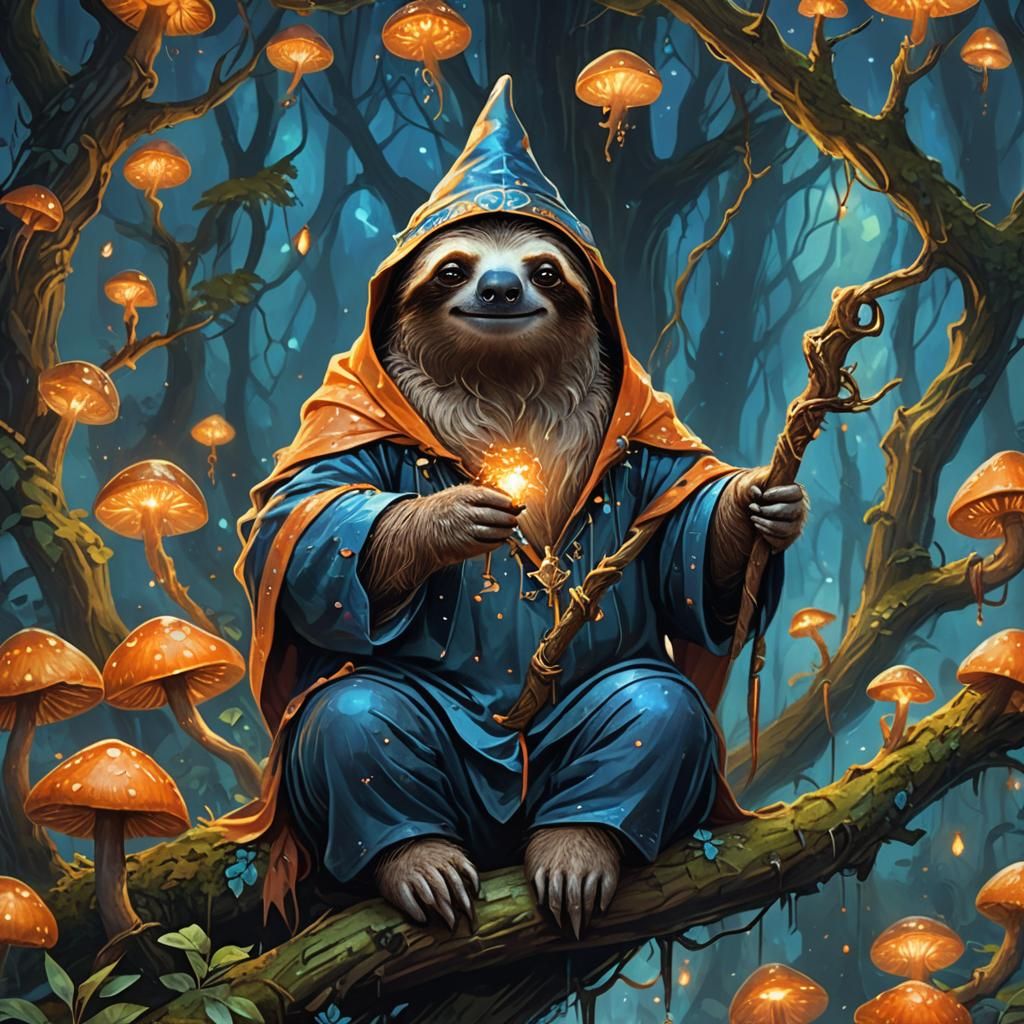 Wizard Sloth in Mystical Glowing Forest: Oil Painting