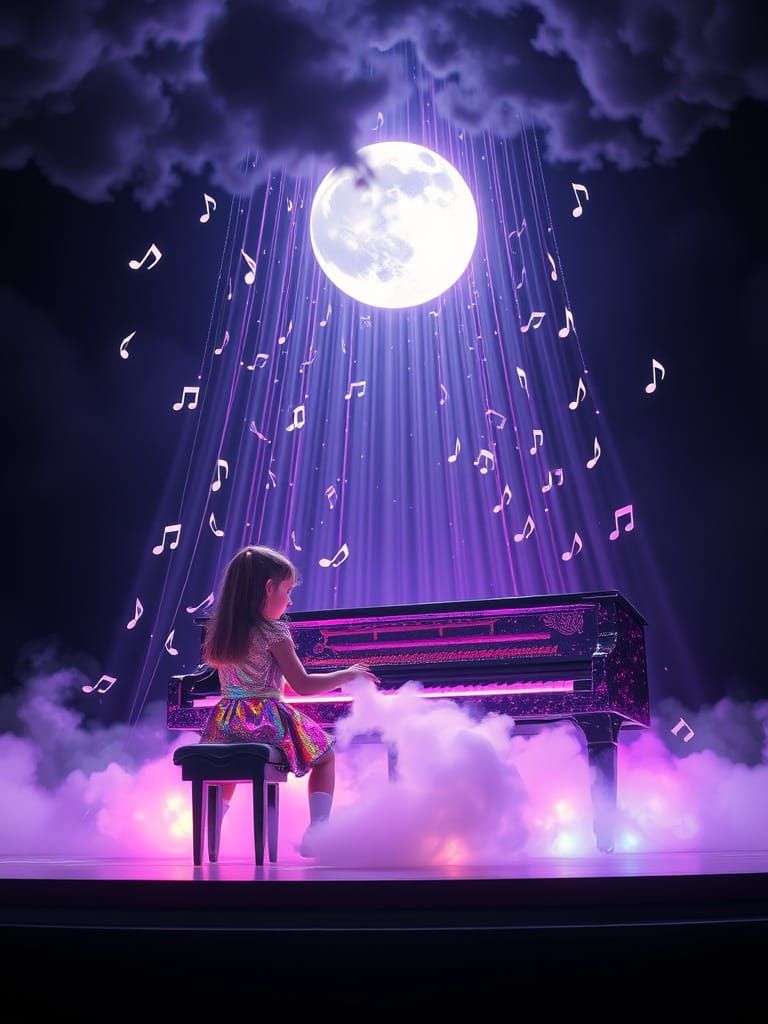Child Plays Piano in Bioluminescent Rainbow Storm