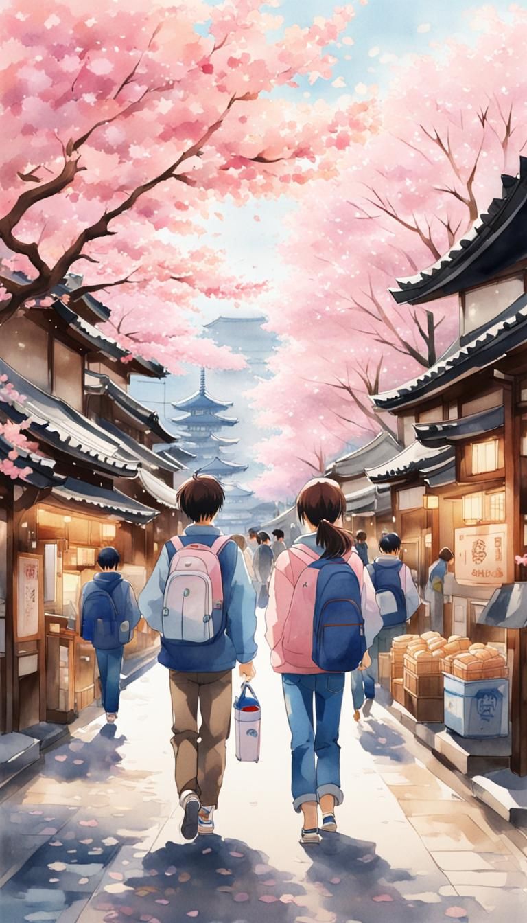Kyoto Street Scene with Cherry Blossoms in Watercolor Style