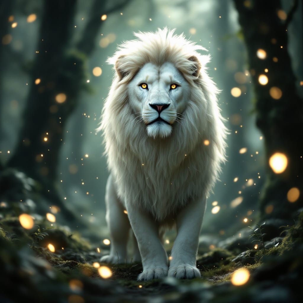 Majestic White Lion in Enchanted Forest