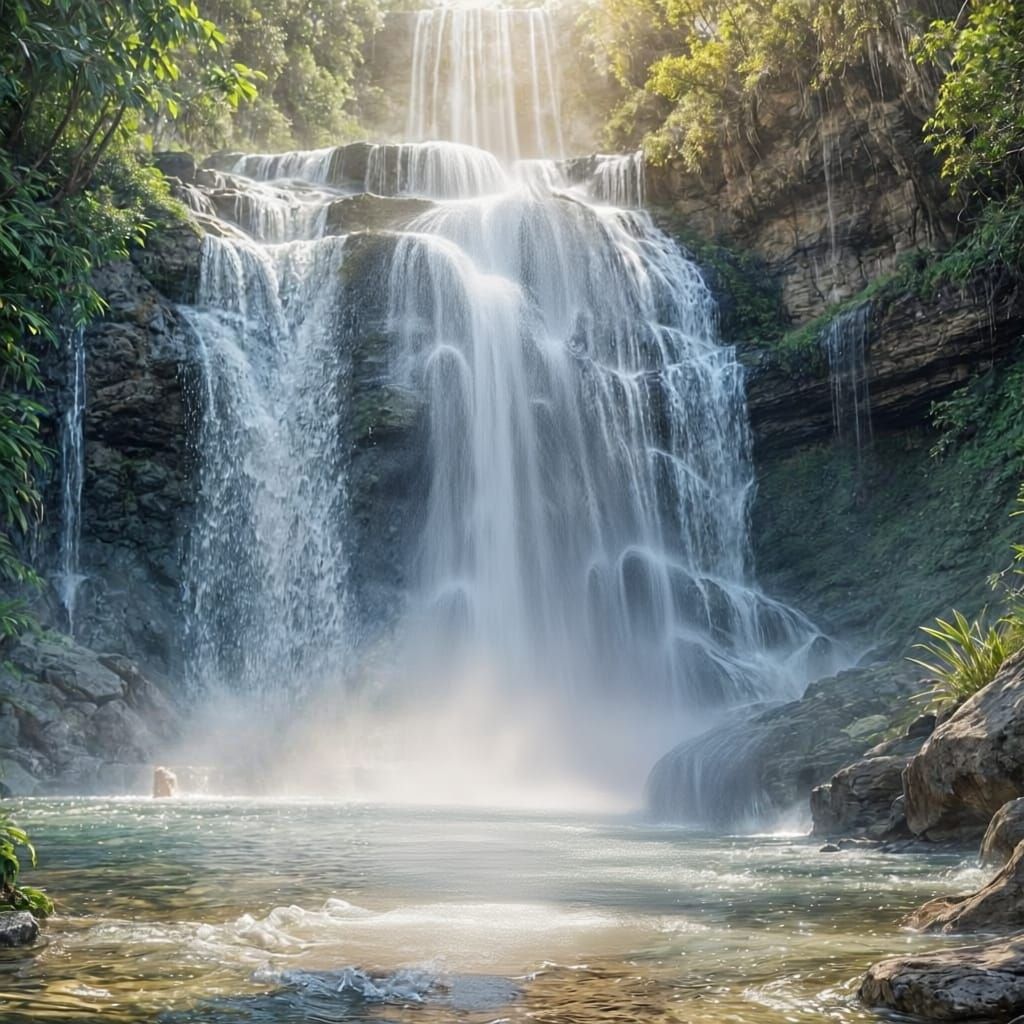 Goddess in Waterfall with Flowing Gown