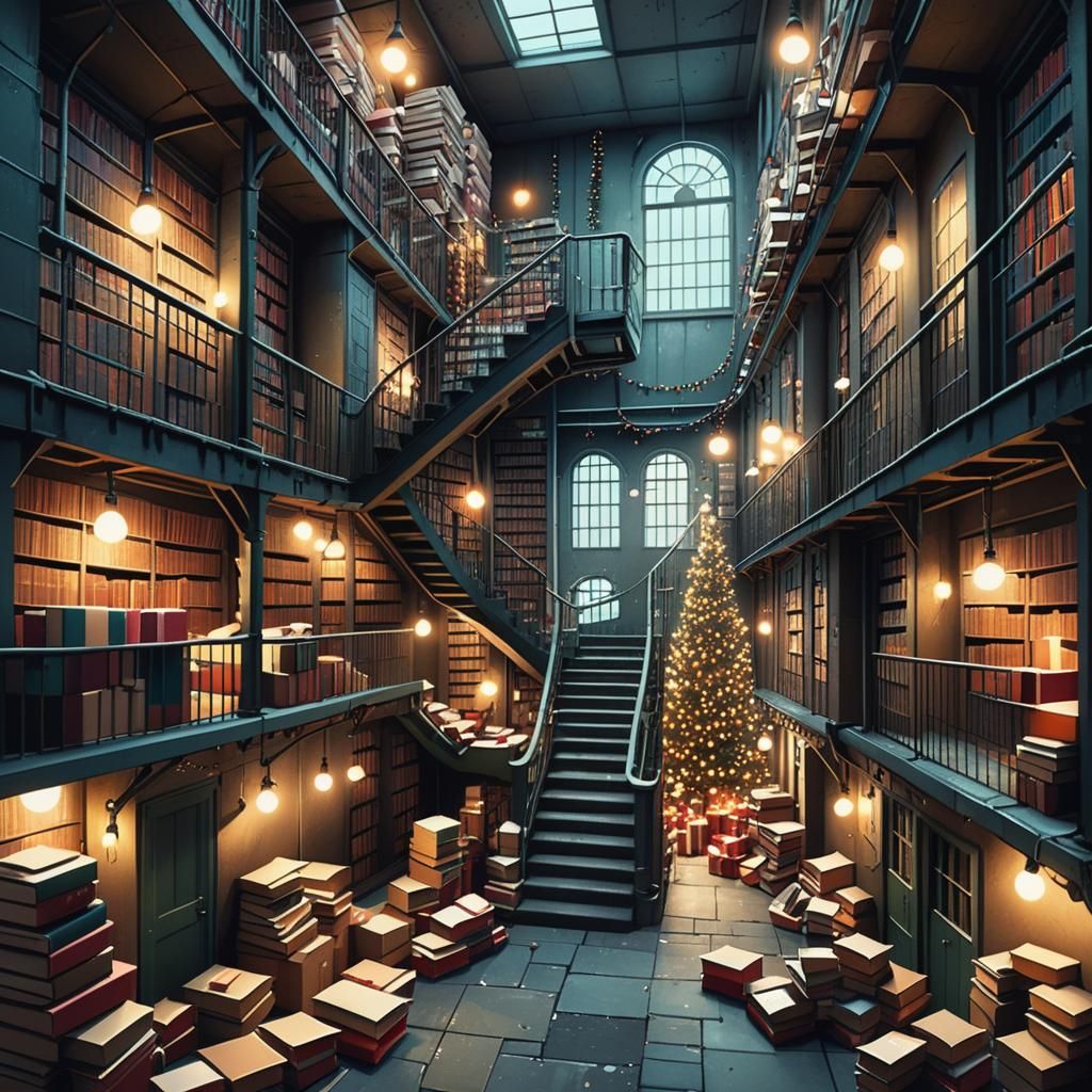 A factory book room with boxes and pillows and books and Chr...