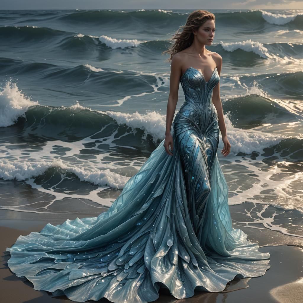 Bioluminescent Ocean Wave Gown in Hyperrealistic Style