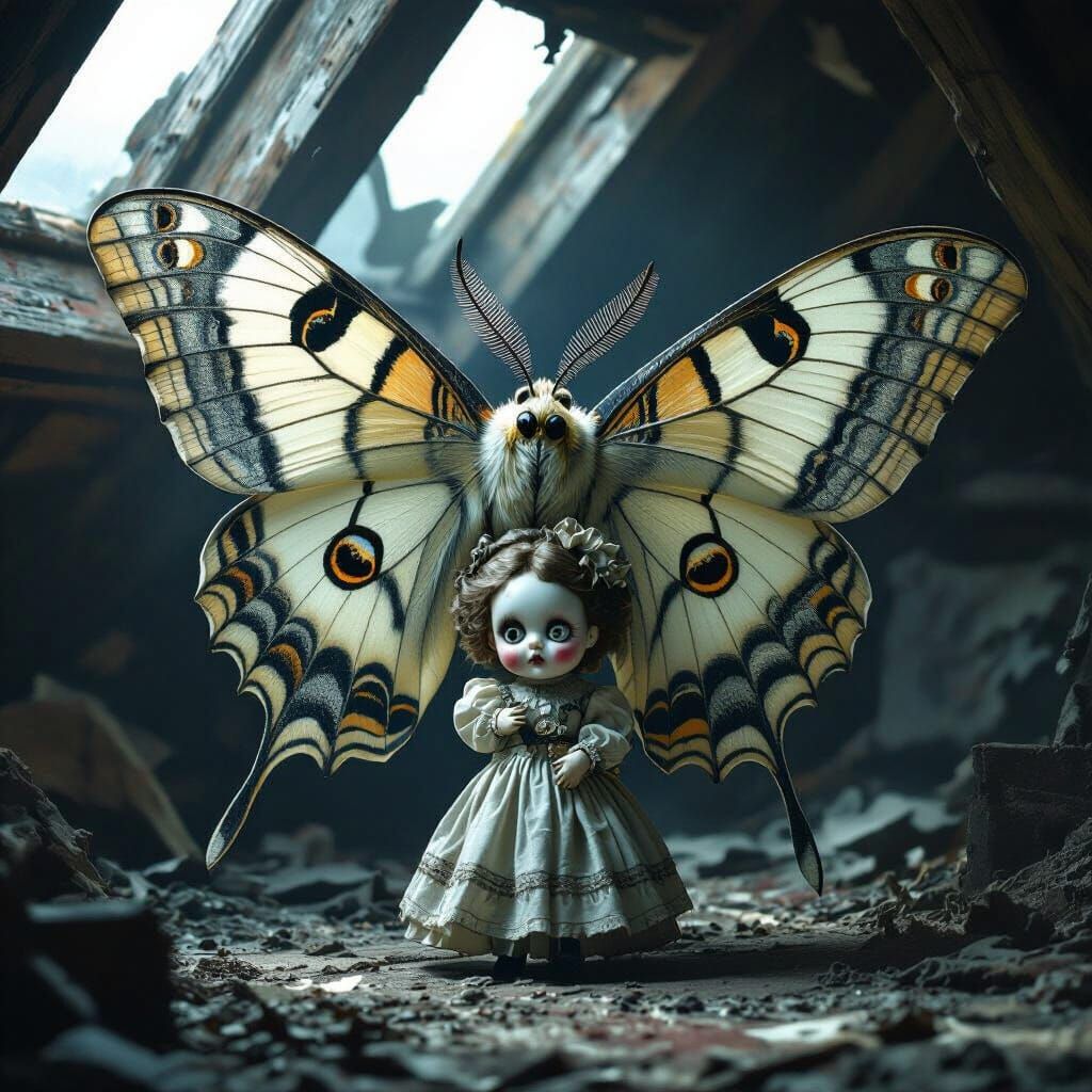 Giant Luna Moth Holds Creepy Victorian Doll in Dark Attic