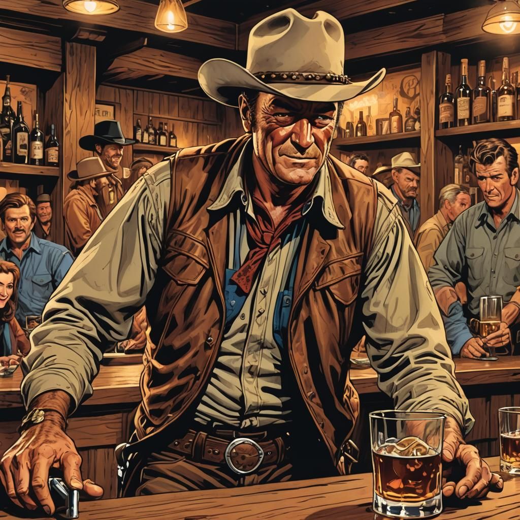 Saloon Showdown: Cowboy Interrupts Outlaw, Comic Book Art