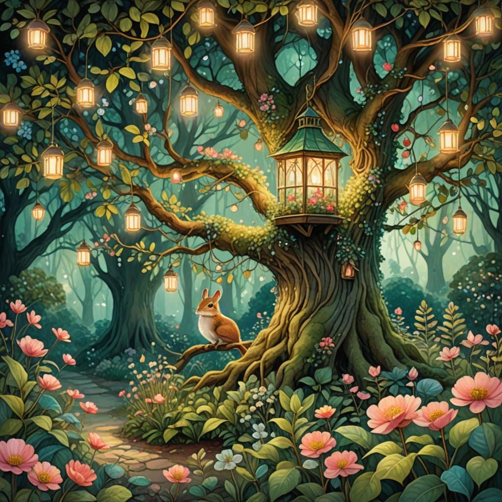 Whimsical Cottagecore Tree Scene in Watercolor Style