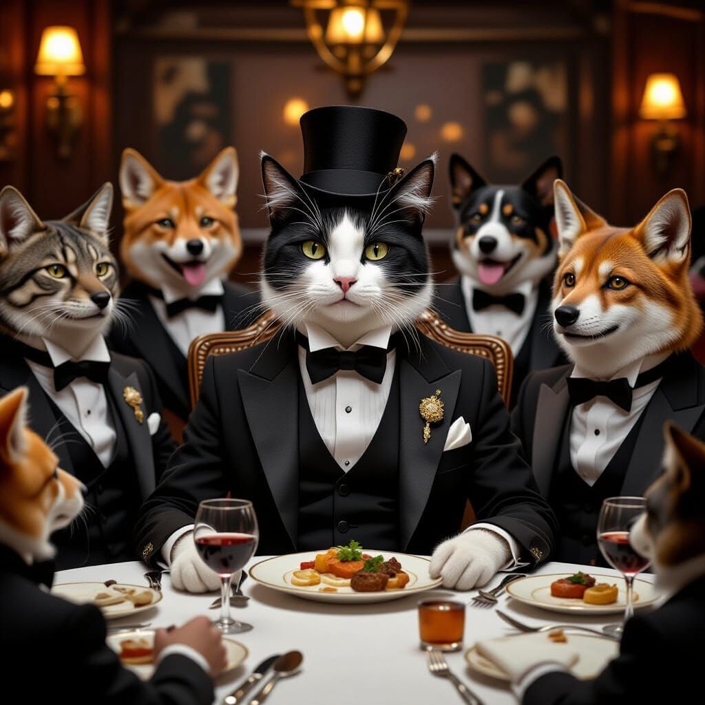 Steampunk Cat Leader Celebrates with Animal Henchmen