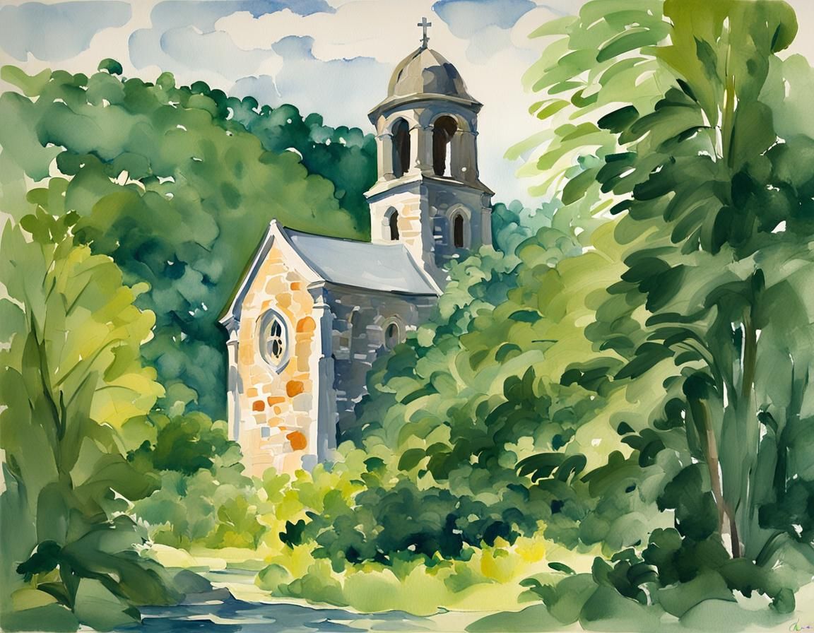 Church with Round Tower: Impressionist Gouache Watercolor