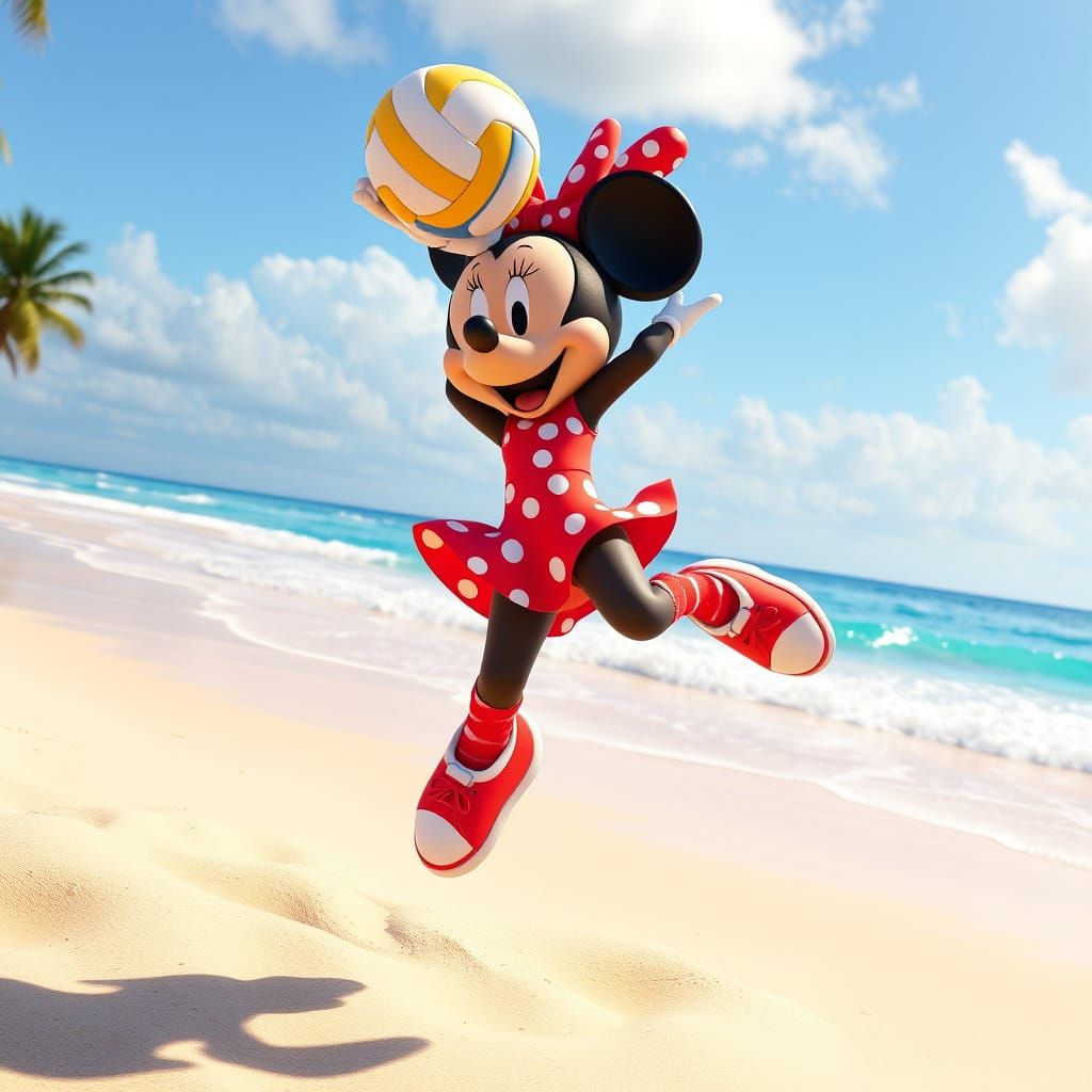 Minnie Mouse Spikes Volleyball on Tropical Beach in 3D Art