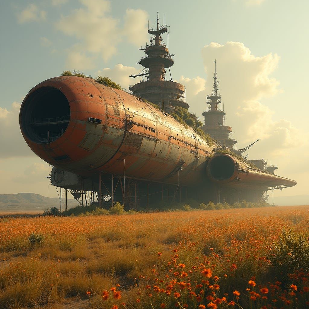 Wildflowers Grow on Abandoned Starship in Golden Field
