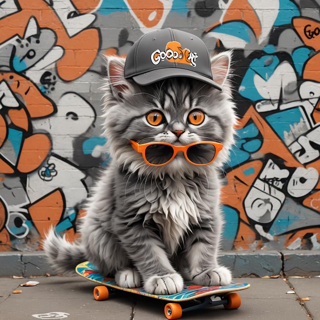 Angora Kitten in 3D Render with Urban Graffiti