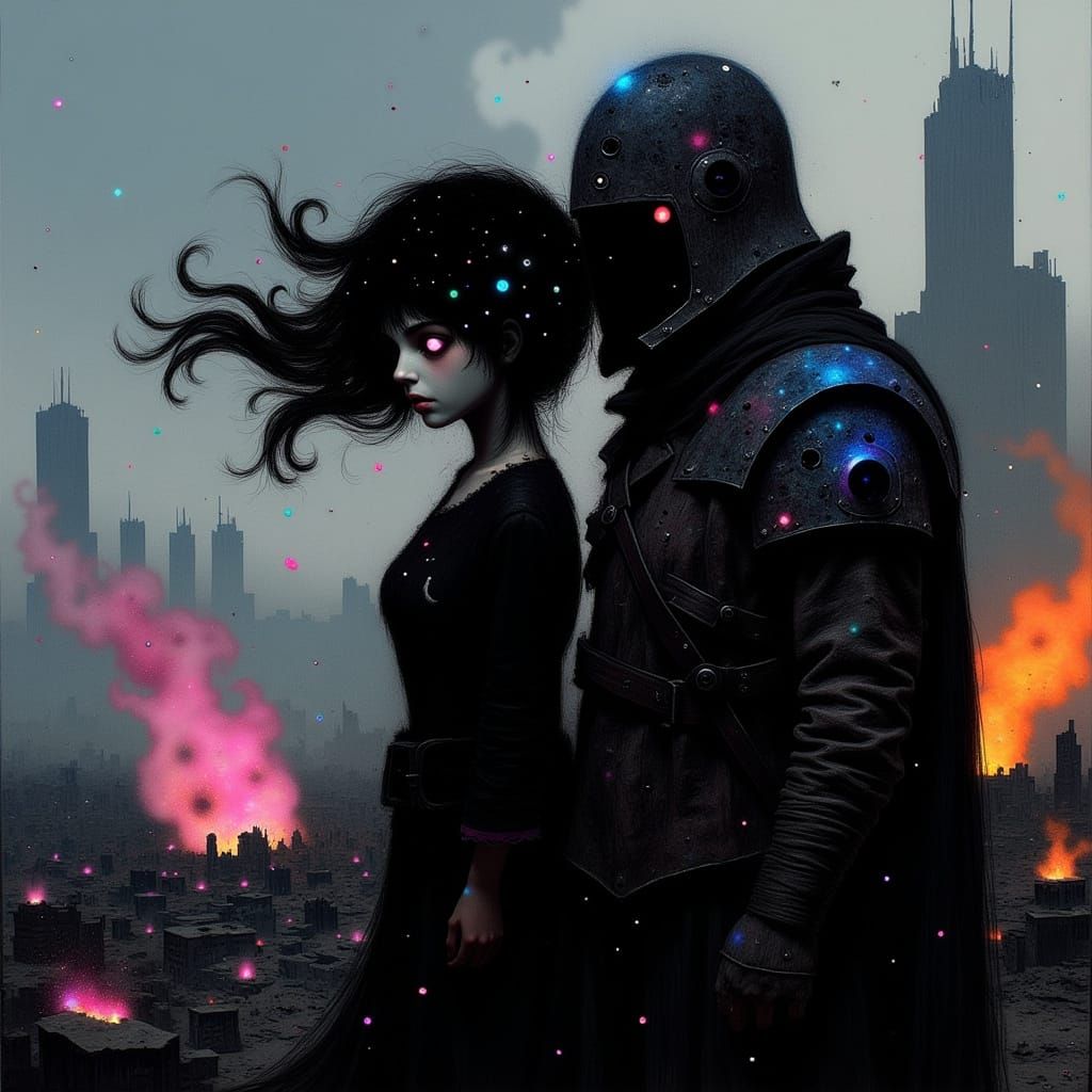 Epic Cyberpunk Warrior Confronts Dark Magic in a Burning Cit...