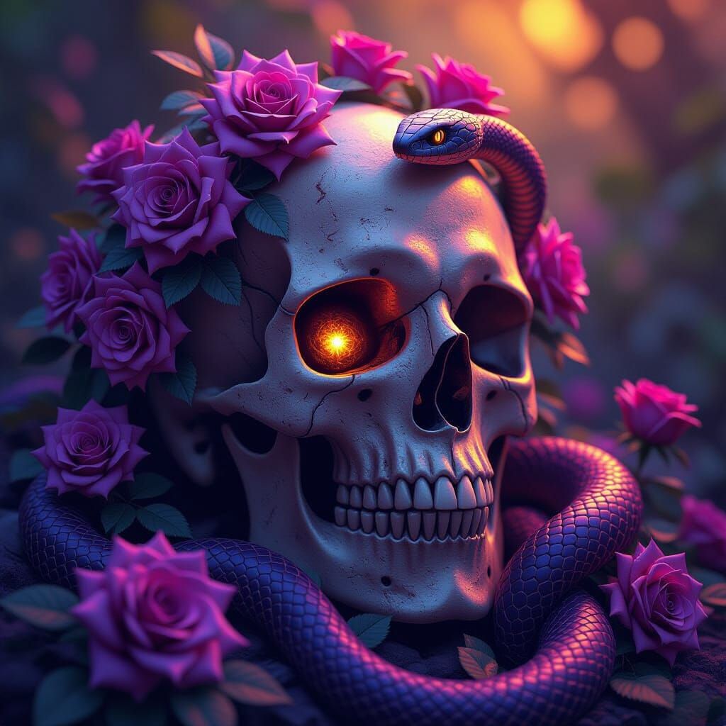 Dark Fantasy Skull With Roses and Serpent, Epic Art Nouveau ...