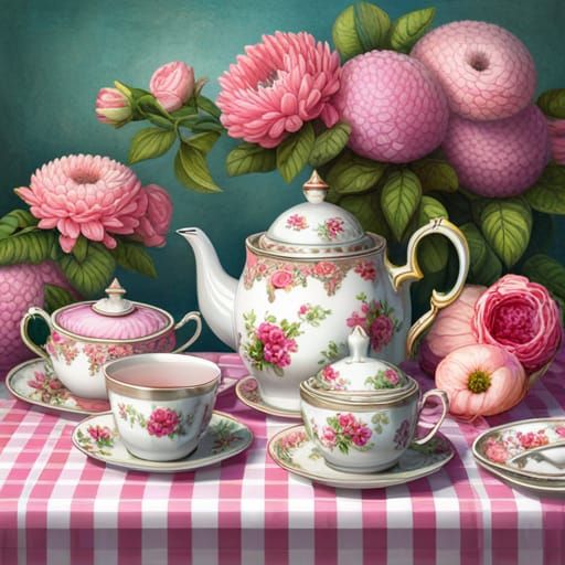 Candy Art Tea Set with Flowers, Digital Illustration