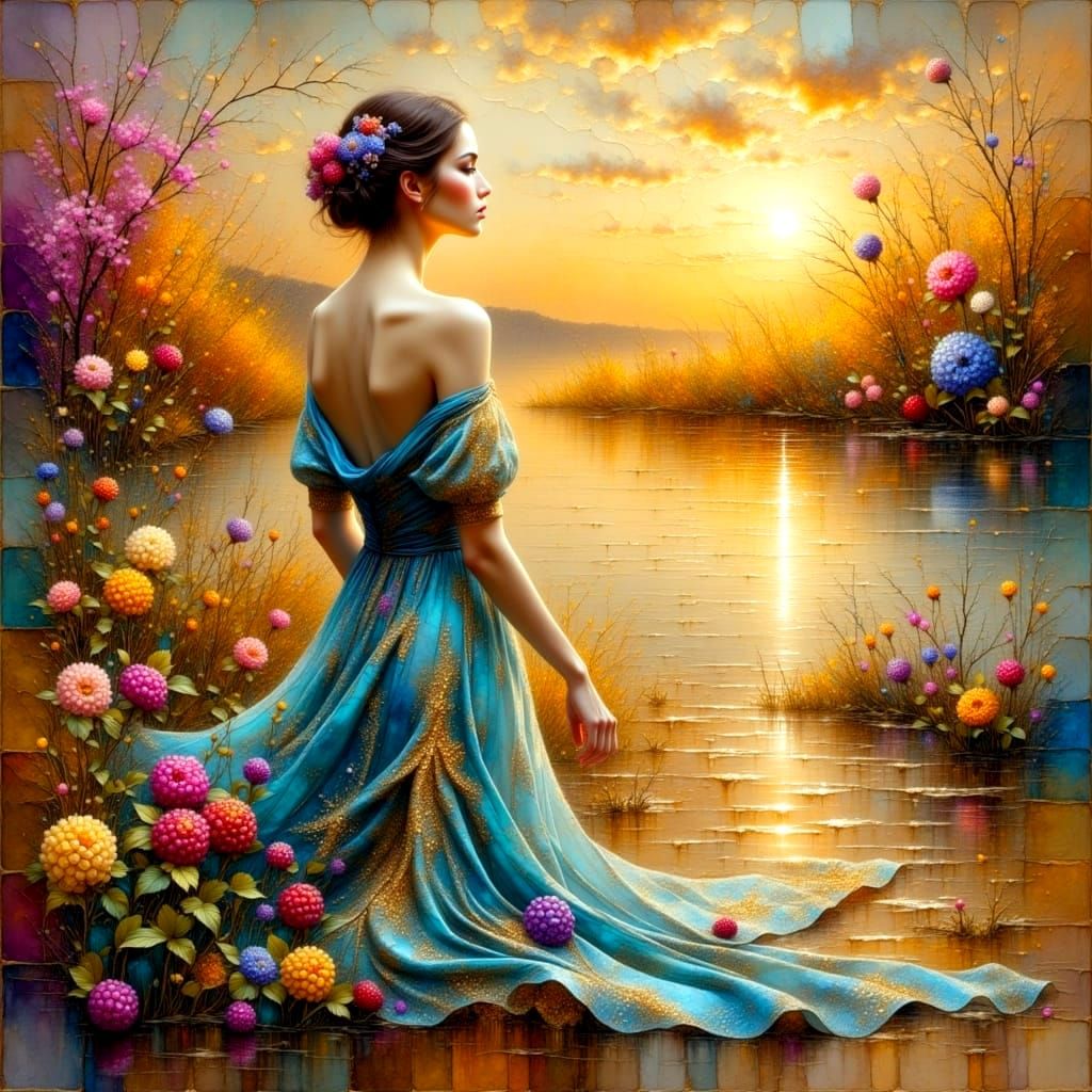 Ethereal Goddess in Metallic Hues, Surrounded by Serene Lake...