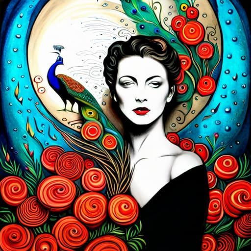 Peacock in a Mixed Media Fantasy Garden