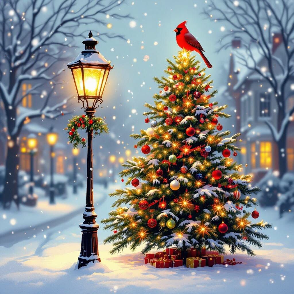 Festive Christmas Tree and Cardinal by Lamp Post