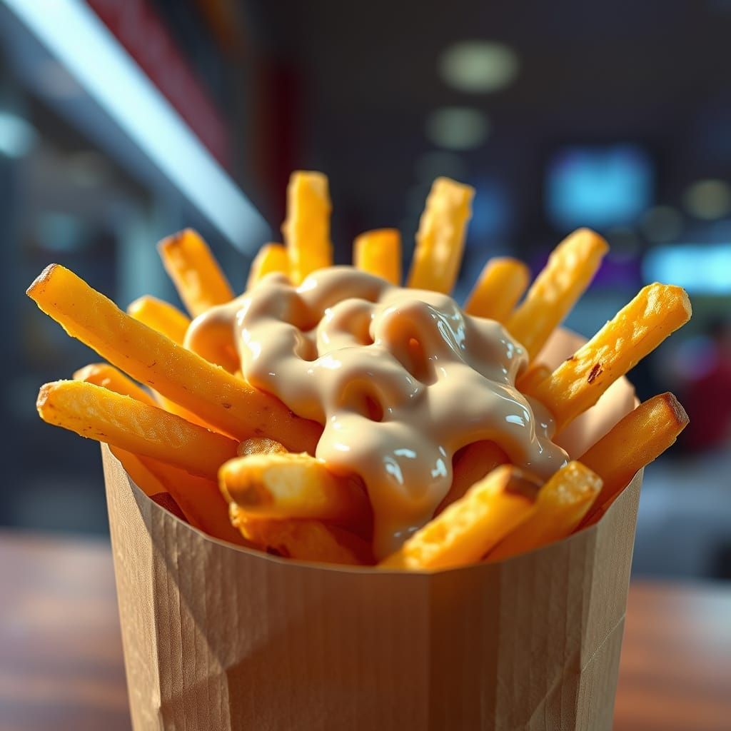 Golden Fries with Creamy Sauce, Hyperrealistic Image
