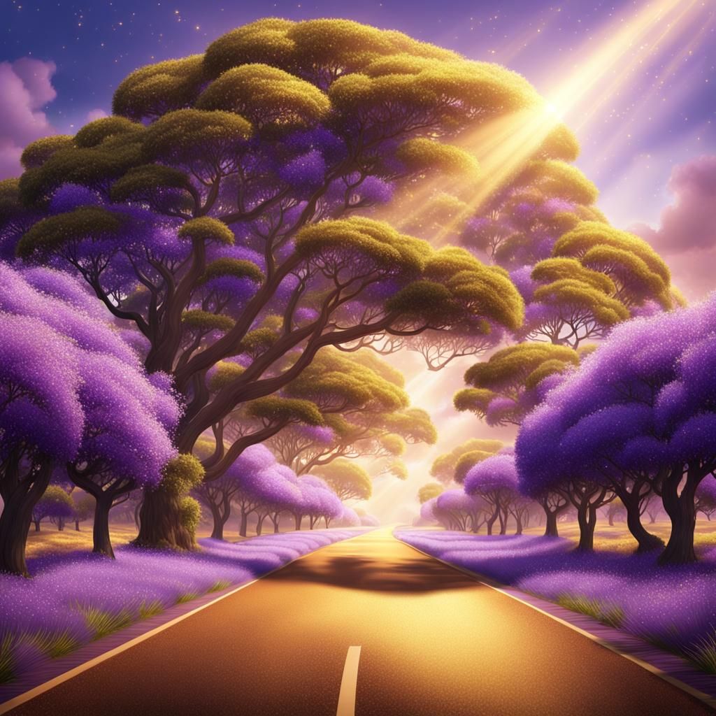 Road with Jacaranda Trees and Golden Glitter