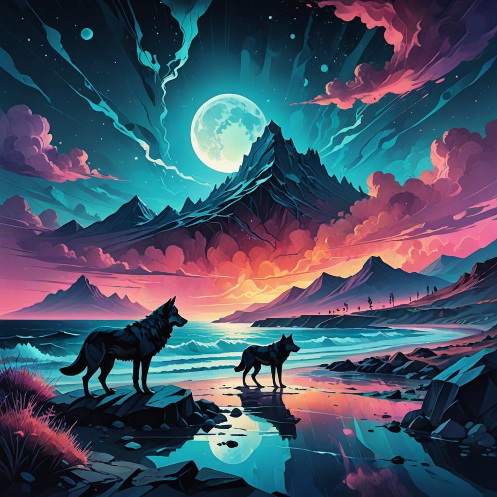 Moonlit Wolves on a Dreamy Beach
