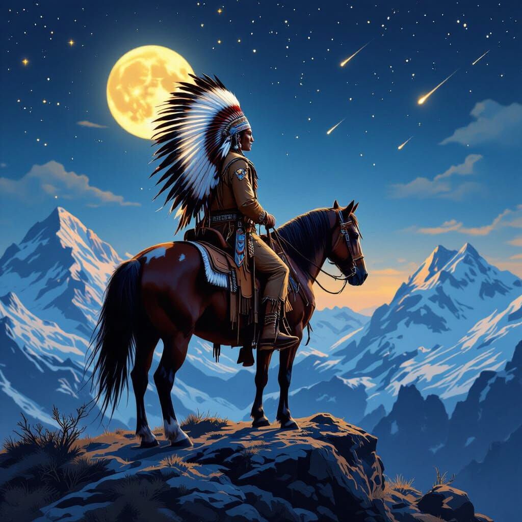 Native Shaman Chief on Horseback at Night