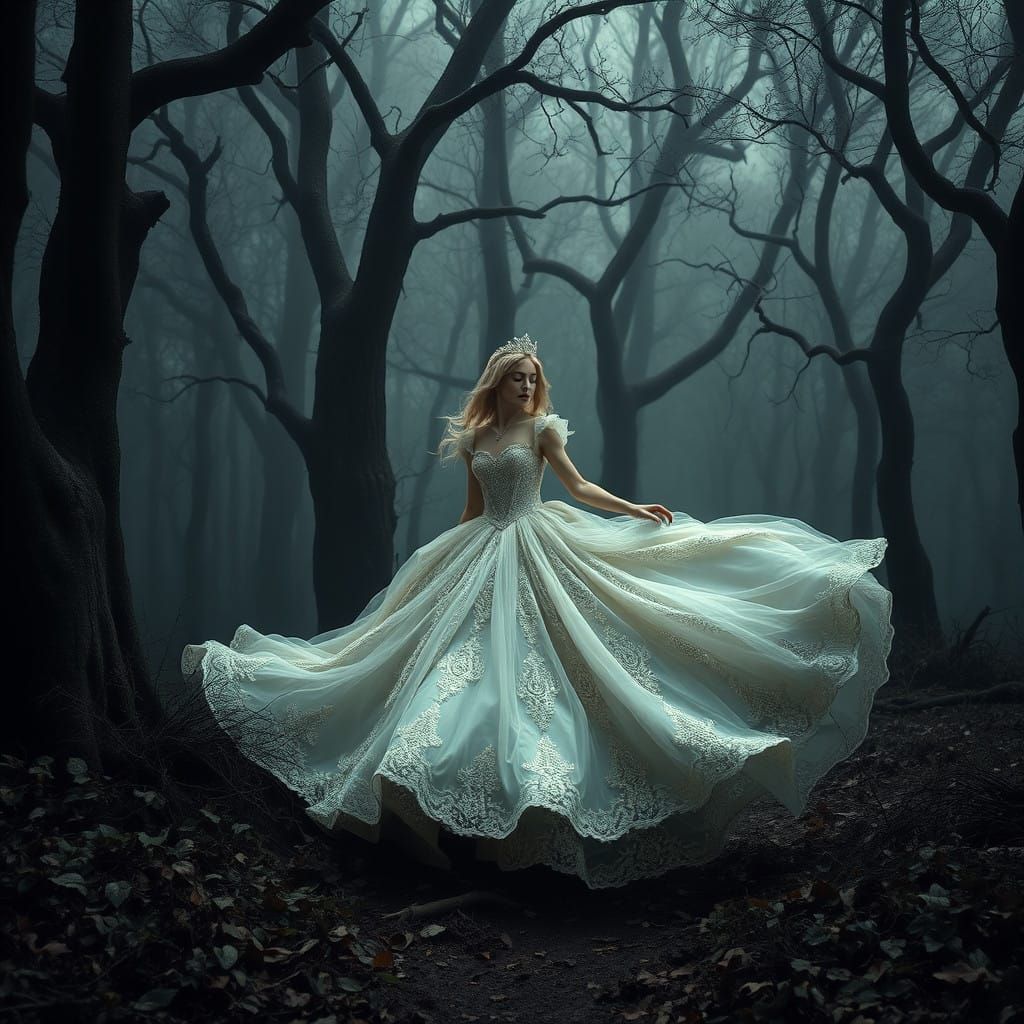 Surreal Princess Sleepwalks Through a Dark, Misty Forest Sce...
