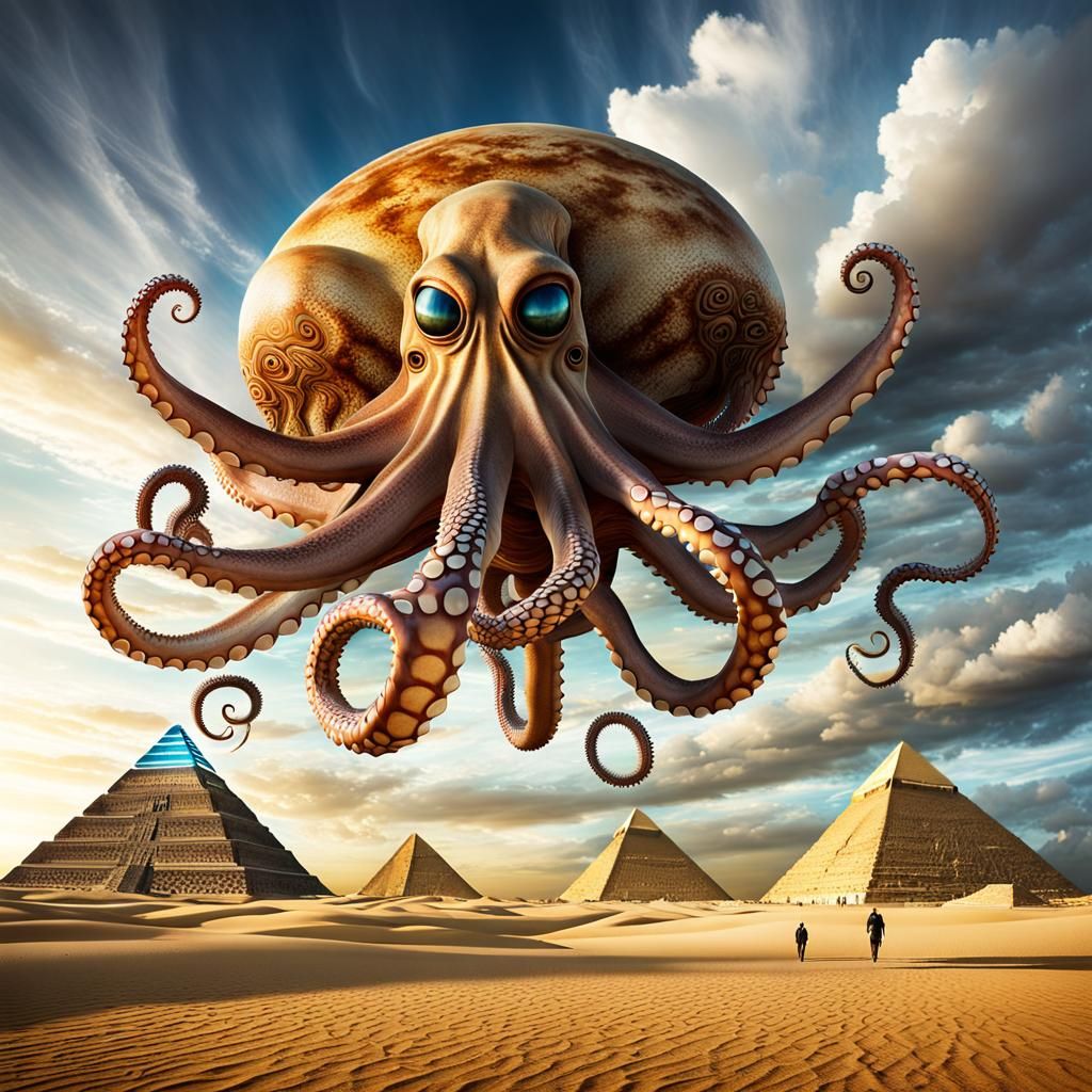 Egyptian Octopus Descends in Surrealist Sky