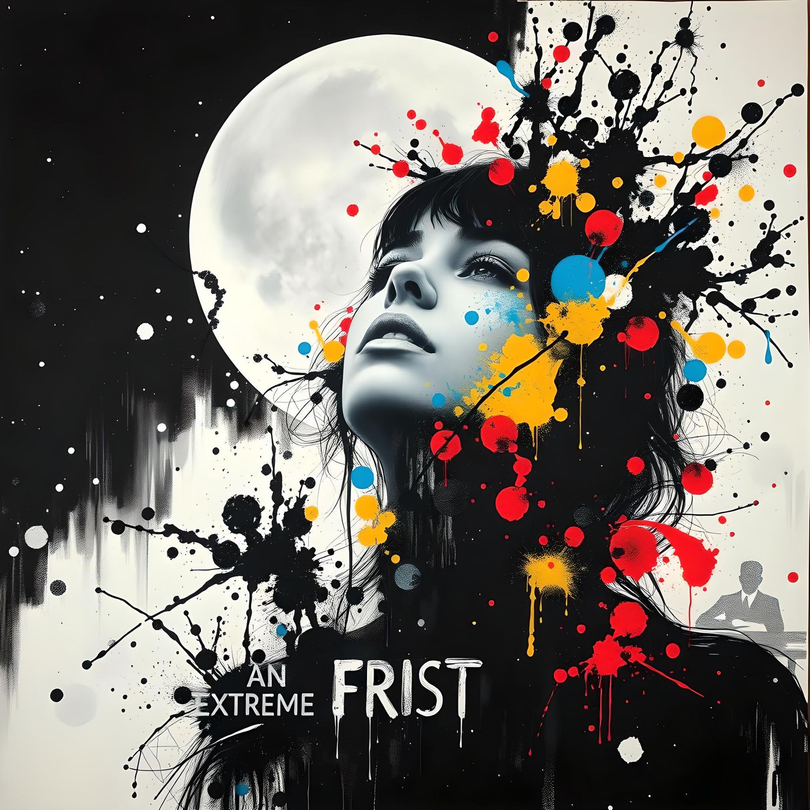 Striking Black and White Painting of Girl in Moonscape