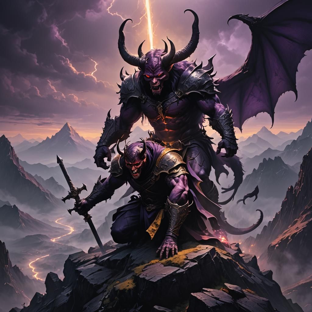 Kneeling Devil on Misty Peak: Dark Fantasy Art