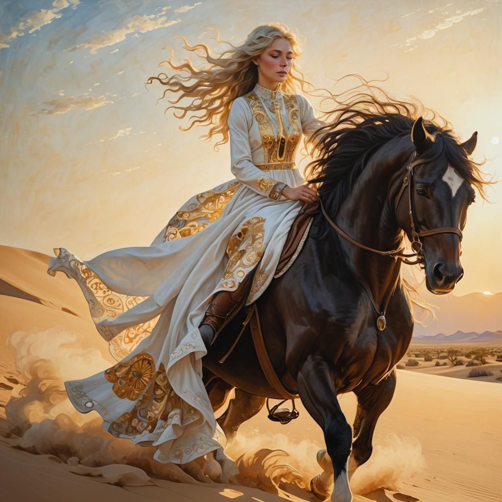 Girl on Horse in Desert, Art Nouveau Style