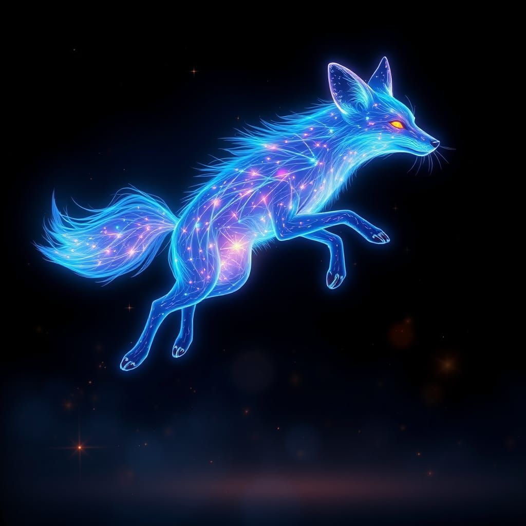 Ethereal Light Fox Leaping in Starry Night