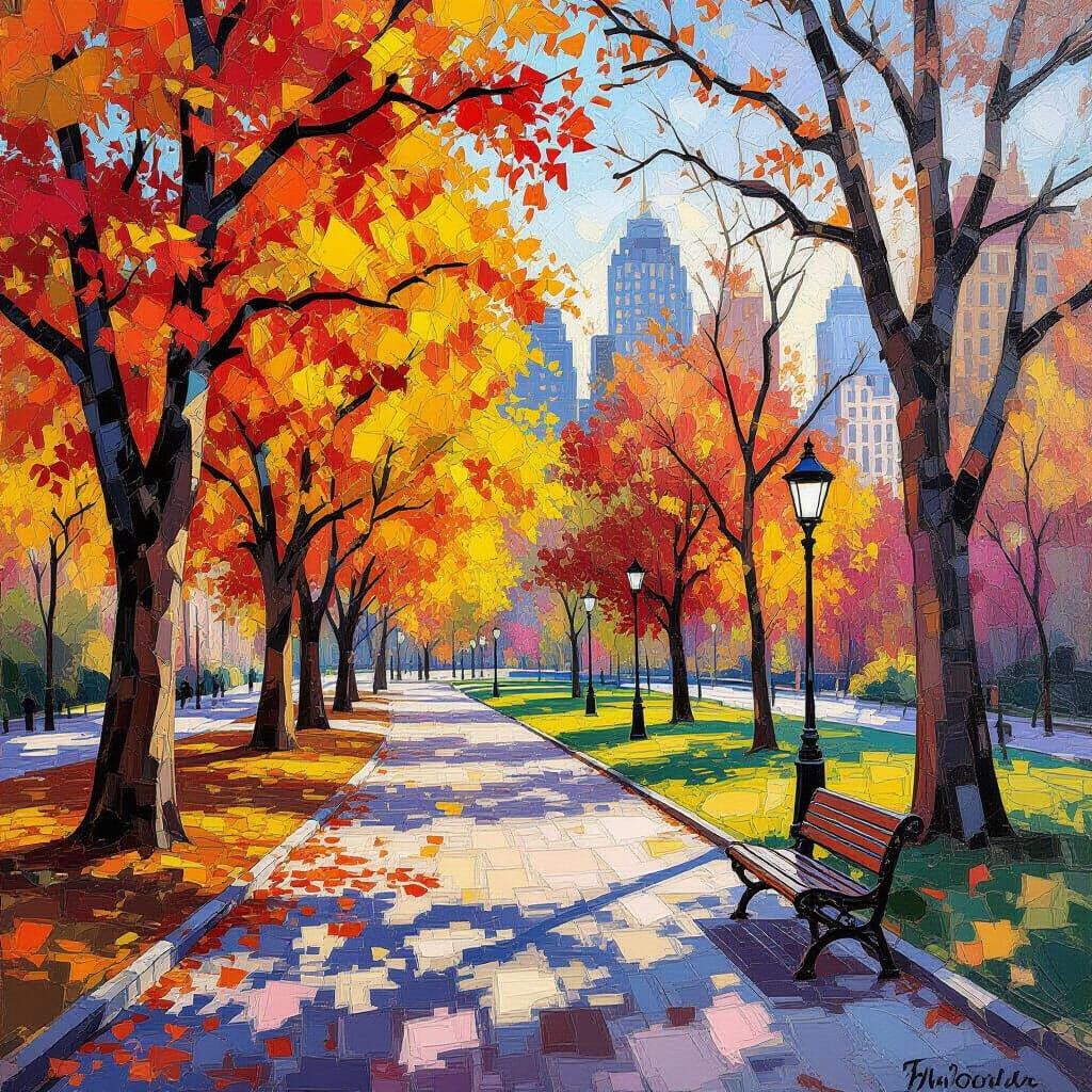 Vibrant Autumn City Park in Complementary Colors