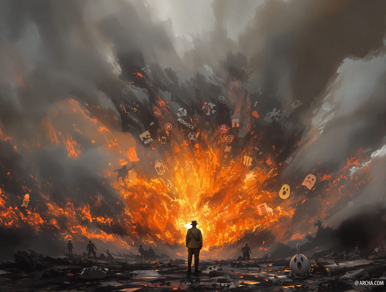 WWI Soldier Amidst Corporate Logos in Digital Matte Painting...