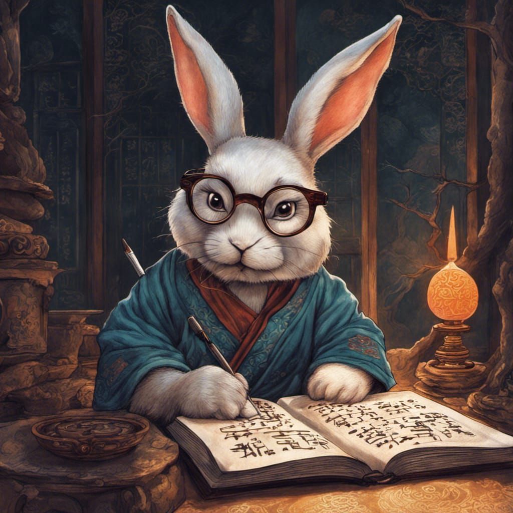 Rabbit Studies Heart Sutra in Buddhist Monastery