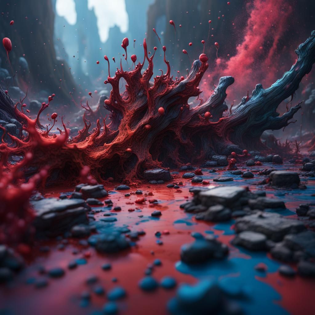 Detailed Ink Splatter Matte Painting in Deep Color