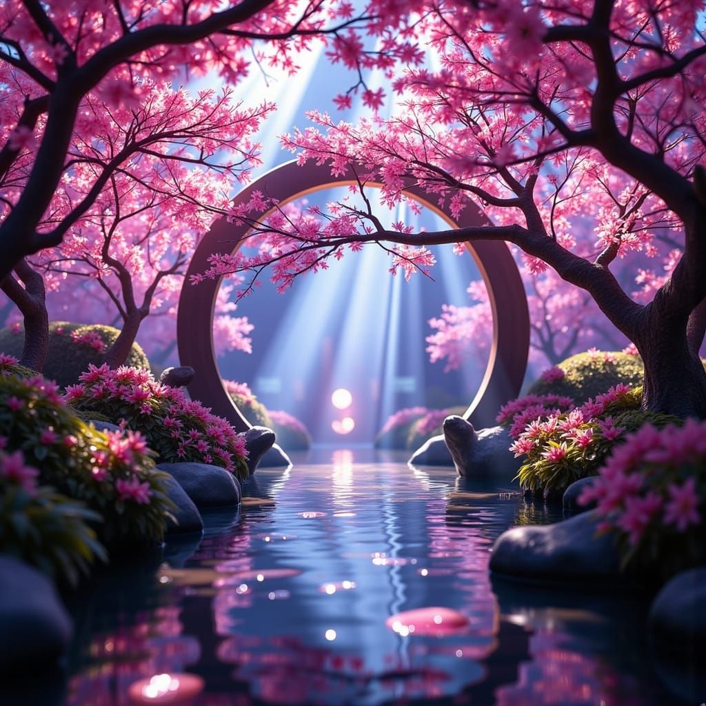 Japanese Garden Portal to Cyberpunk City in Hyperrealism