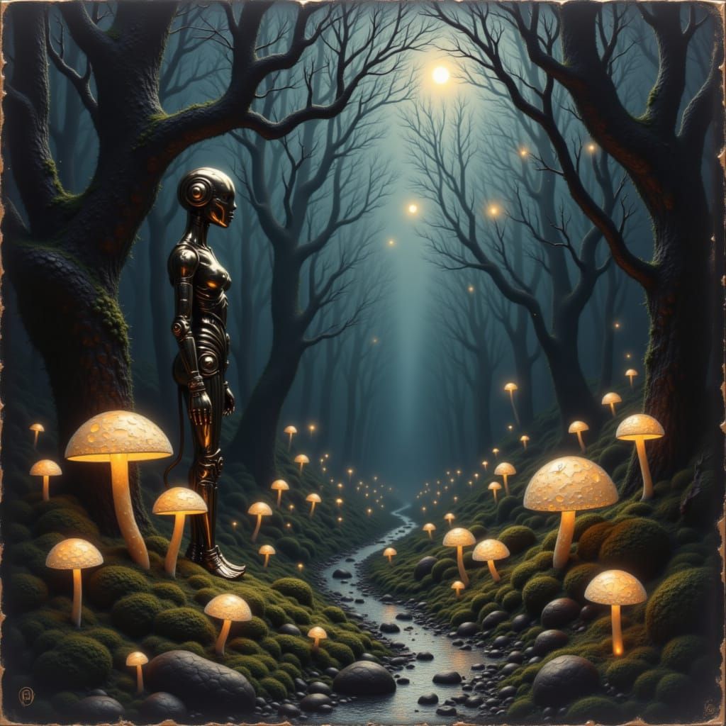 Brass Automaton Guarding Bioluminescent Mushroom Grove