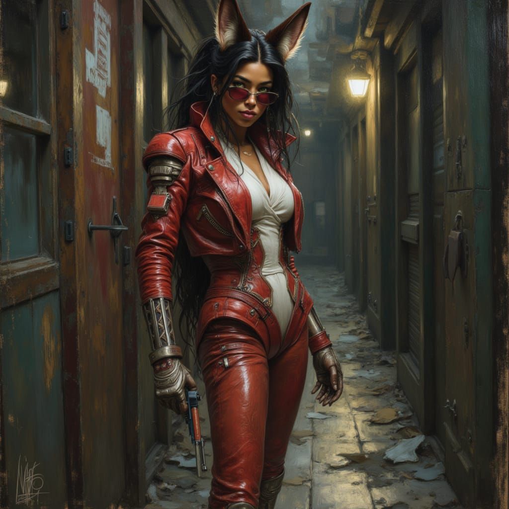 Cyberpunk Fox Goddess Bounty Hunter in Alley