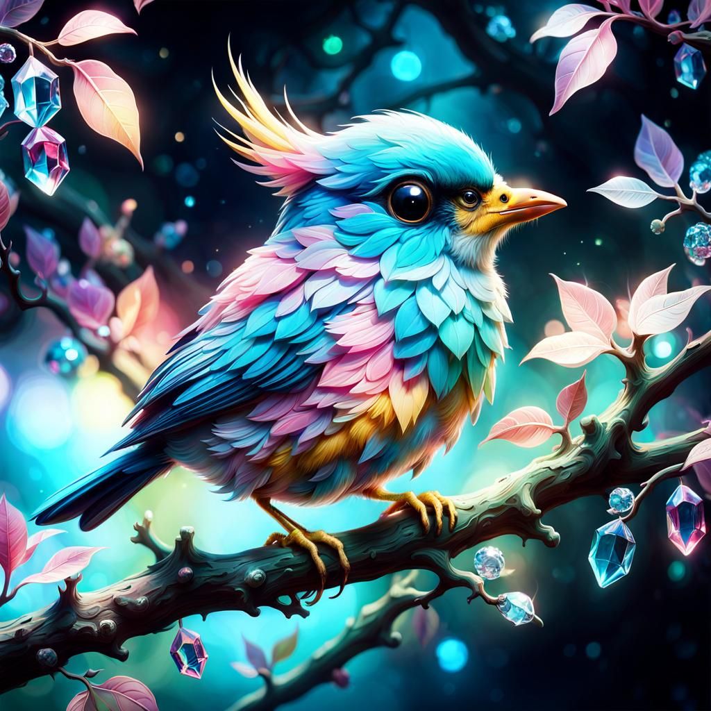 Pastel Crystal Bird on Branch: Digital Illustration